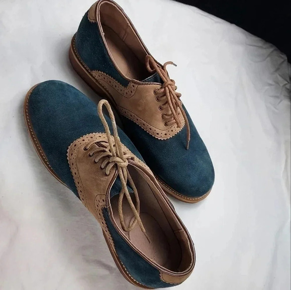 Land's End Mens Tan Leather and Blue Suede Lace Shoes Size 9 - Picture 2 of 14